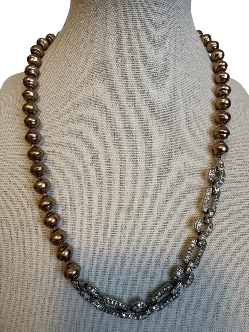 Bronze Faux Pearl Crystal Necklace Toggle Closure Silver Tone 18"